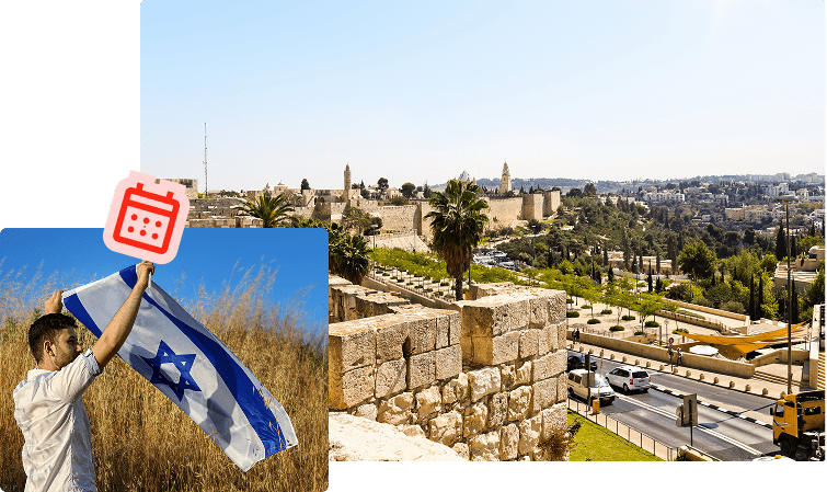 City walls of Jerusalem and a man standing in a field holding an Israeli flag